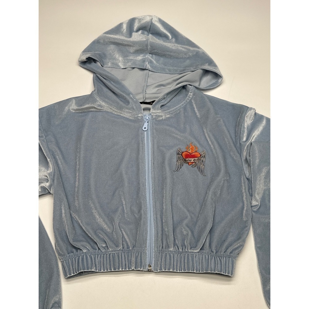 Baby Girl Velour Hoodie Jacket Blue Flame Heart Wings Zip Up Cropped XS‎